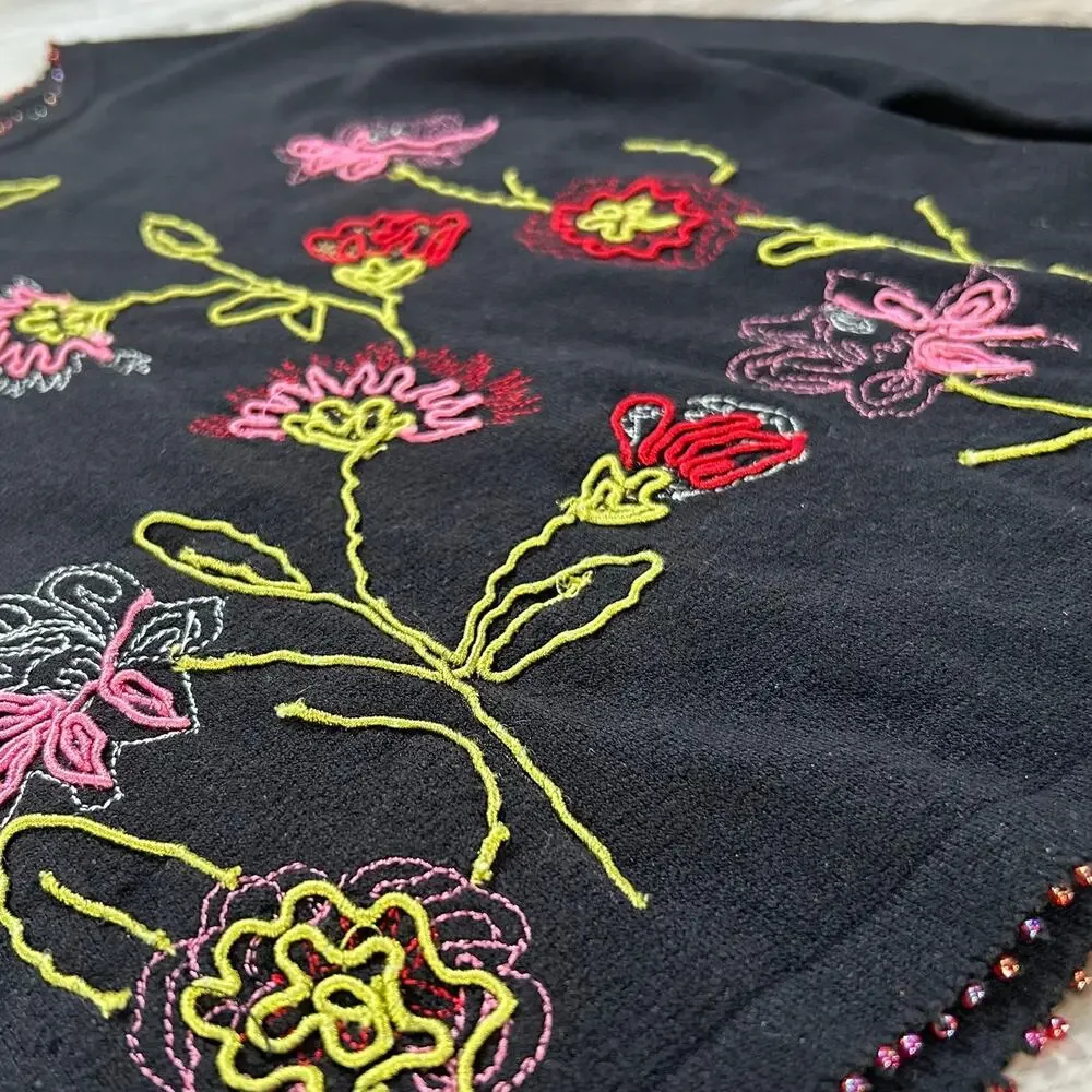 Vintage Black Knit Sweater with Neon Floral Embroidery + Bead Trim0